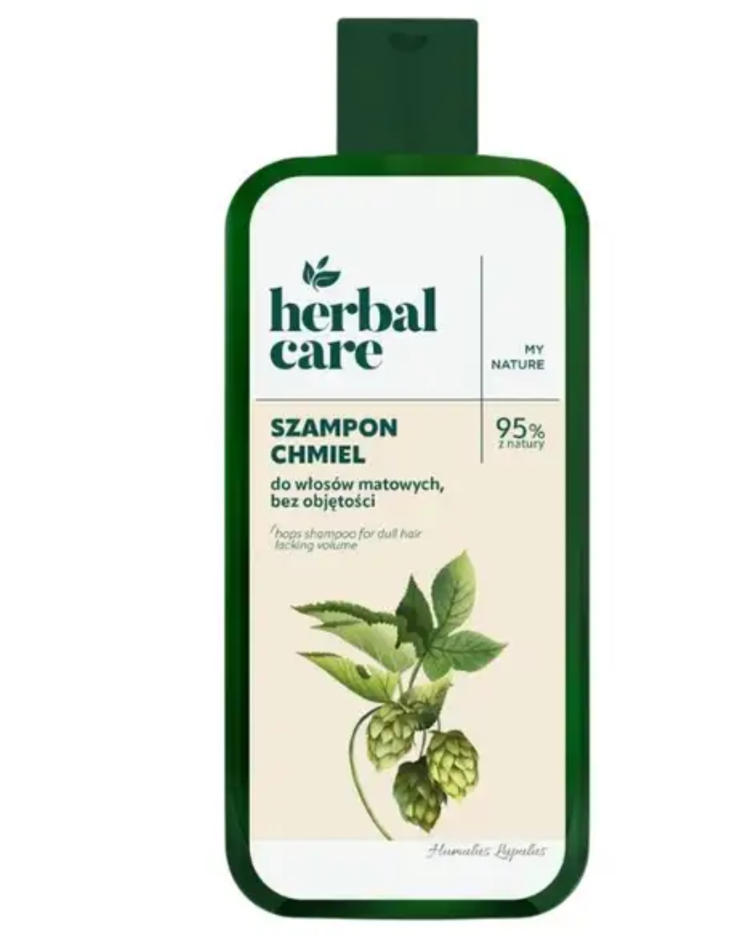 Bottle of Herbal Care hop shampoo for dull hair, green packaging with botanical illustration of hop plant