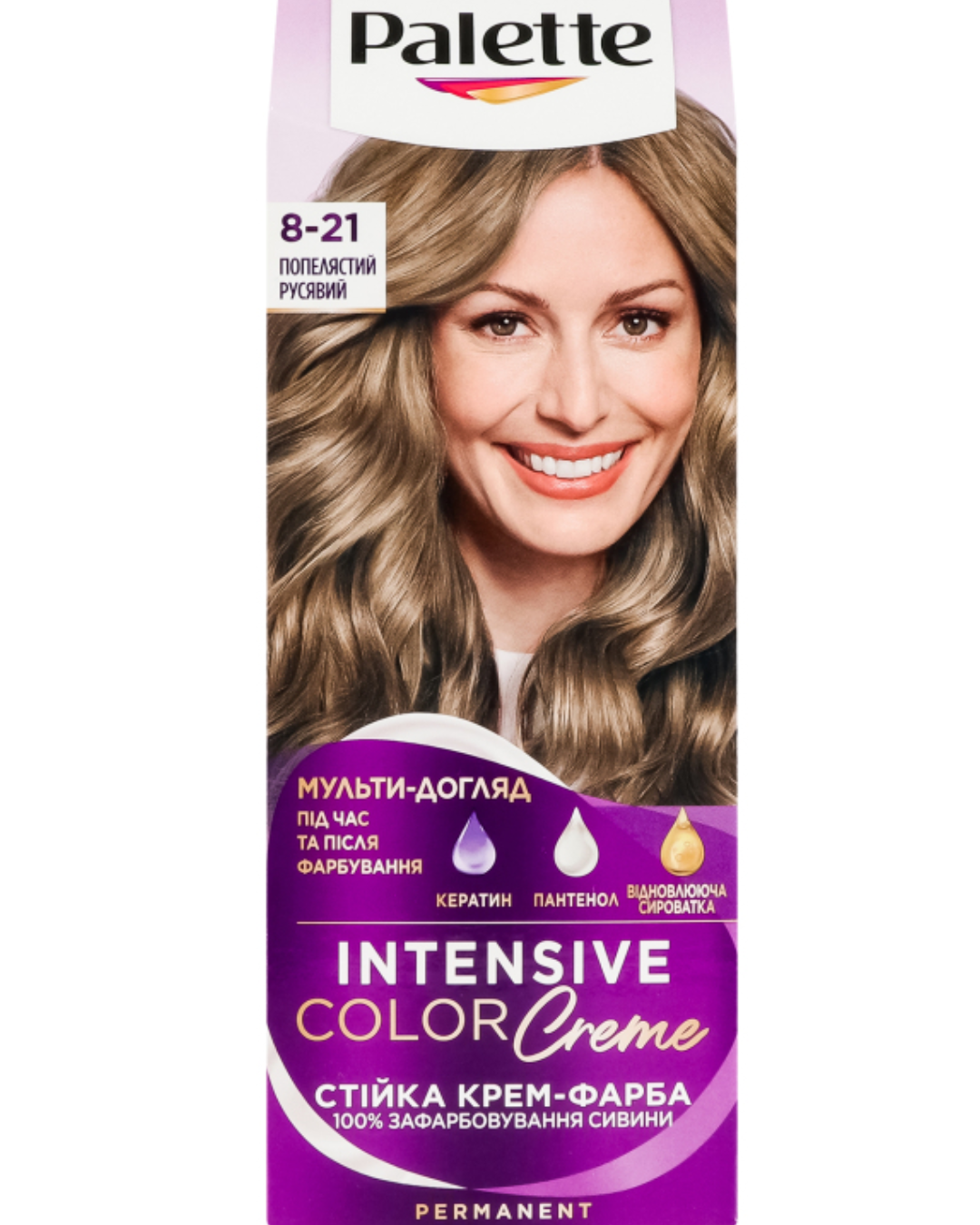 Palette Intensive Color Creme hair dye box shade 8-21 ash blonde with model showing cool toned blonde hair