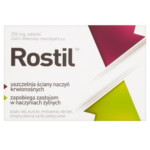 Rostil 250 mg tablets packaging with calcium dobesilate, white box with colored arrow design