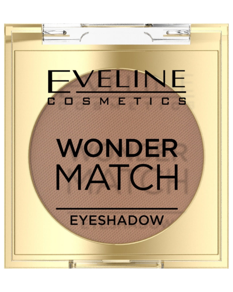 Eveline Cosmetics Wonder Match matte eyeshadow in a nude brown shade inside a gold compact case.