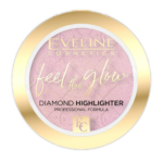 Eveline Cosmetics Feel The Glow Diamond Highlighter in a pink-toned shimmering powder compact with gold packaging.