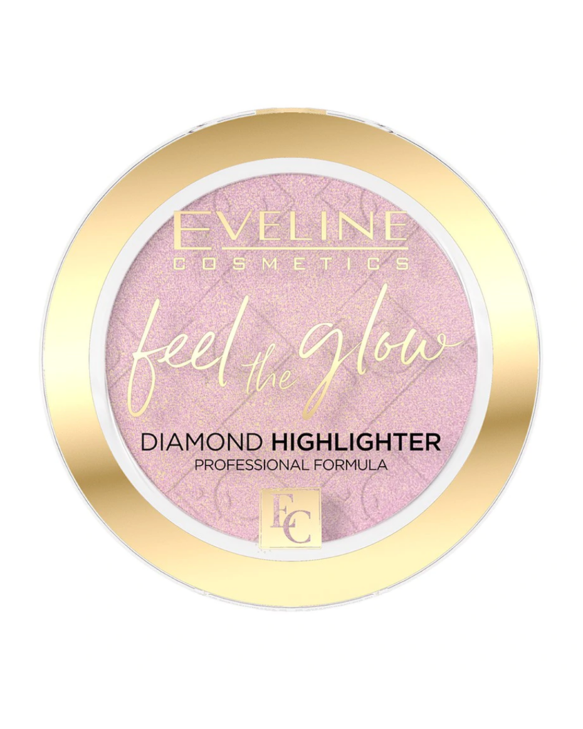 Eveline Cosmetics Feel The Glow Diamond Highlighter in a pink-toned shimmering powder compact with gold packaging.