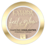 Eveline Cosmetics Feel The Glow Diamond Highlighter in a champagne gold shade with radiant shimmer and elegant gold compact packaging.