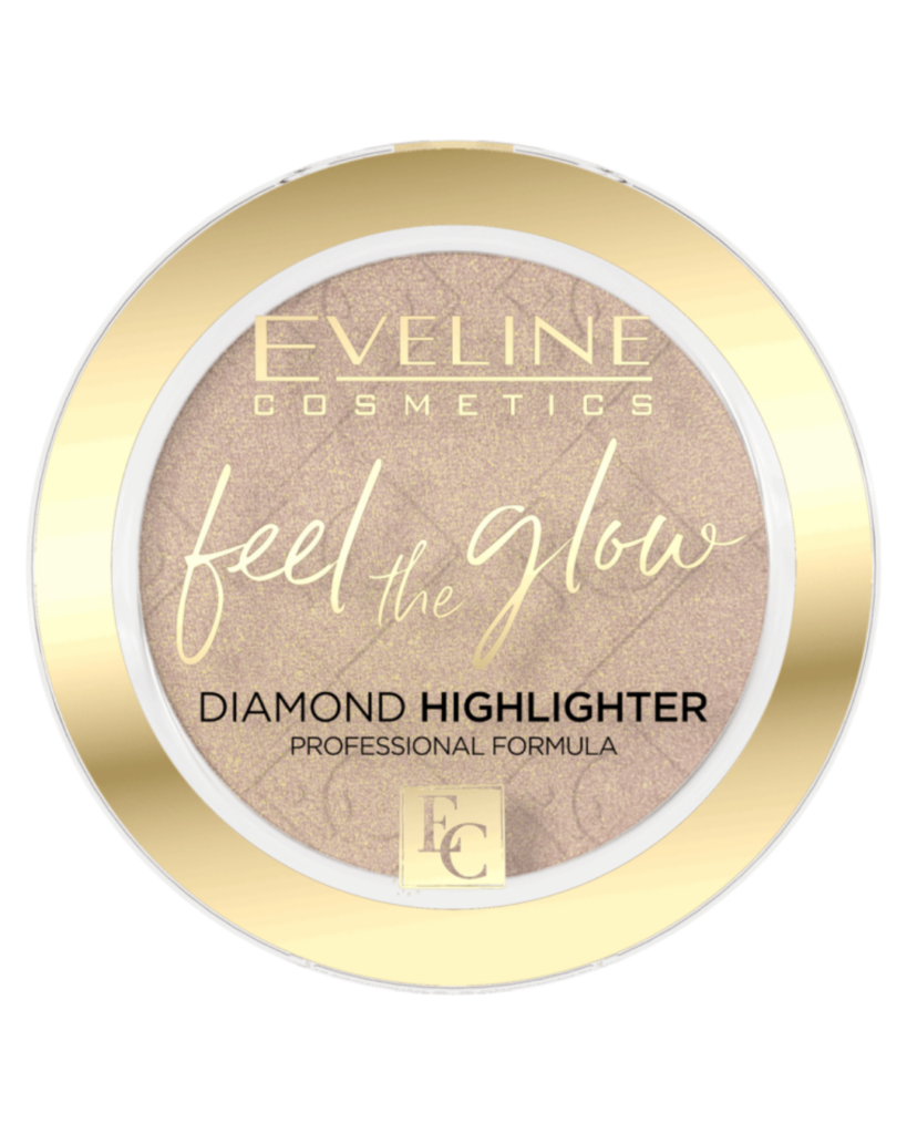 Eveline Cosmetics Feel The Glow Diamond Highlighter in a champagne gold shade with radiant shimmer and elegant gold compact packaging.