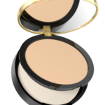 Eveline Cosmetics Wonder Match pressed powder in a beige shade inside an elegant black and gold compact with mirror.
