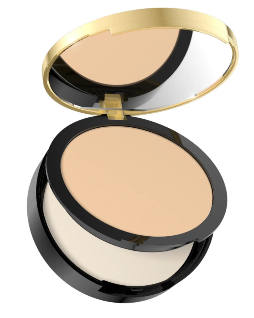 Eveline Cosmetics Wonder Match pressed powder in a beige shade inside an elegant black and gold compact with mirror.