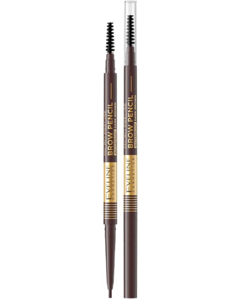 Eveline Cosmetics Brow Pencil in dark brown with precision eyebrow tip and built-in spoolie brush.