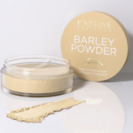 Eveline Cosmetics Barley Powder loose face powder in a clear jar with beige lid, shown with powder texture and applicator.