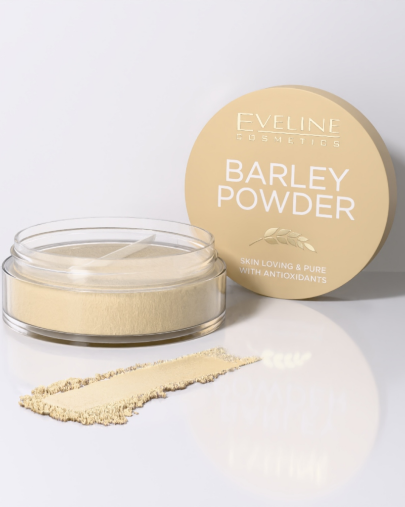Eveline Cosmetics Barley Powder loose face powder in a clear jar with beige lid, shown with powder texture and applicator.