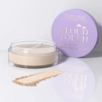 Eveline Cosmetics Cloud Touch weightless finishing powder in a clear jar with pastel purple lid and loose beige powder texture.