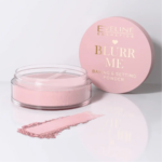 Eveline Cosmetics Blurr Me Baking & Setting Powder in a clear loose powder jar with pink lid, shown with pink powder swatch for baking, setting makeup, and soft matte blurring.