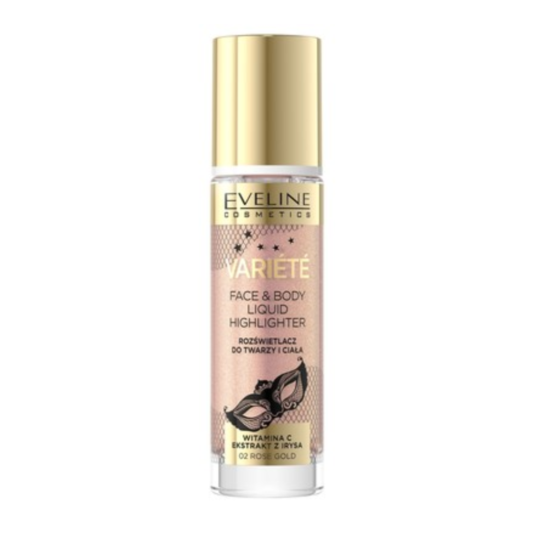 Eveline Cosmetics Variete Face & Body Liquid Highlighter in 02 Rose Gold with gold cap and rose-gold shimmer bottle.