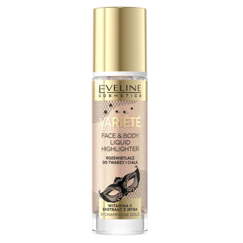 Eveline Cosmetics Variete Face & Body Liquid Highlighter in 01 Champagne Gold with gold cap and shimmering champagne bottle.