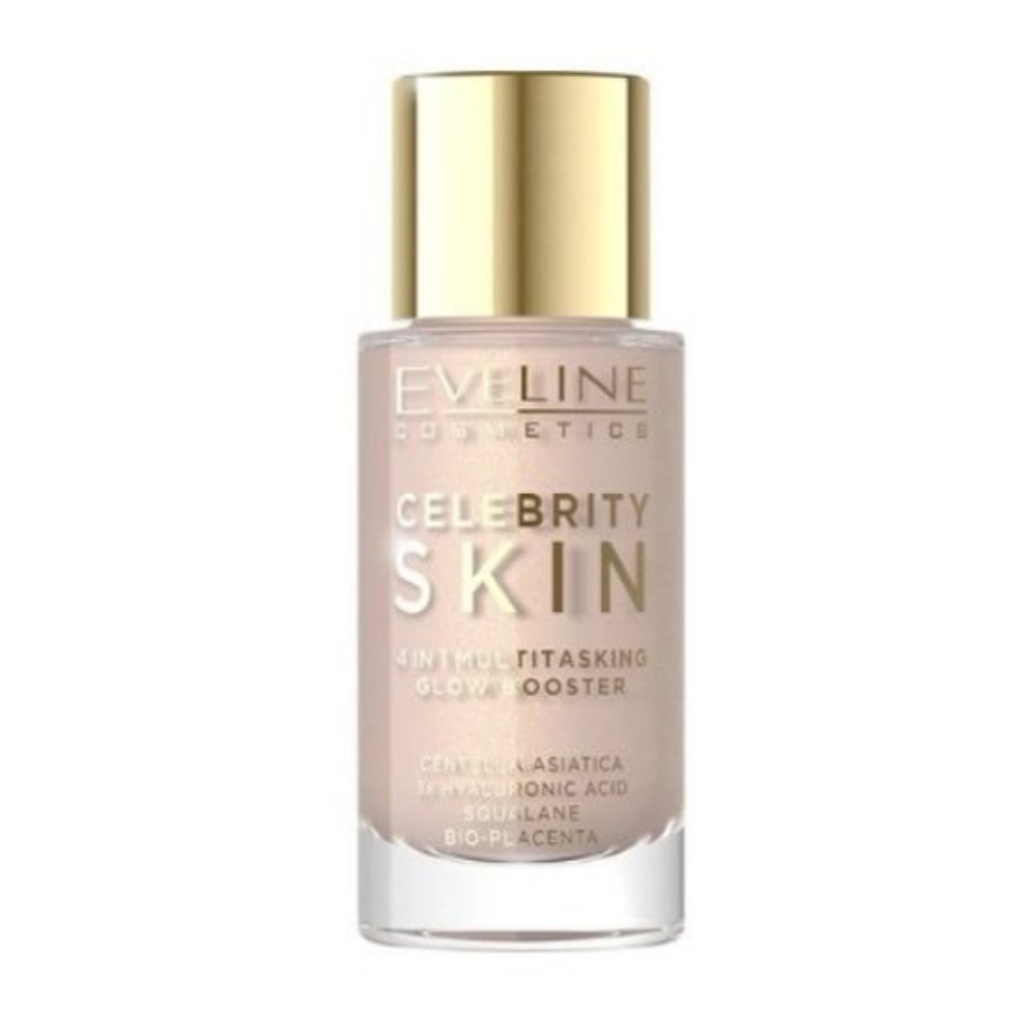 Eveline Cosmetics Celebrity Skin 4 in 1 Multitasking Glow Booster in shade 01N with gold cap and soft luminous formula.
