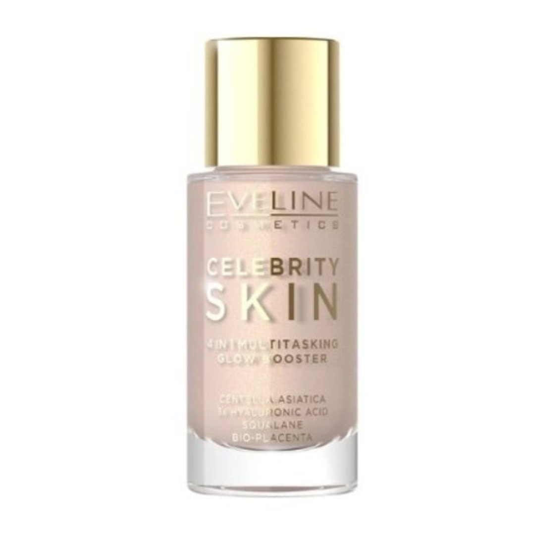 Eveline Cosmetics Celebrity Skin 4 in 1 Multitasking Glow Booster in shade 01N with gold cap and soft luminous formula.