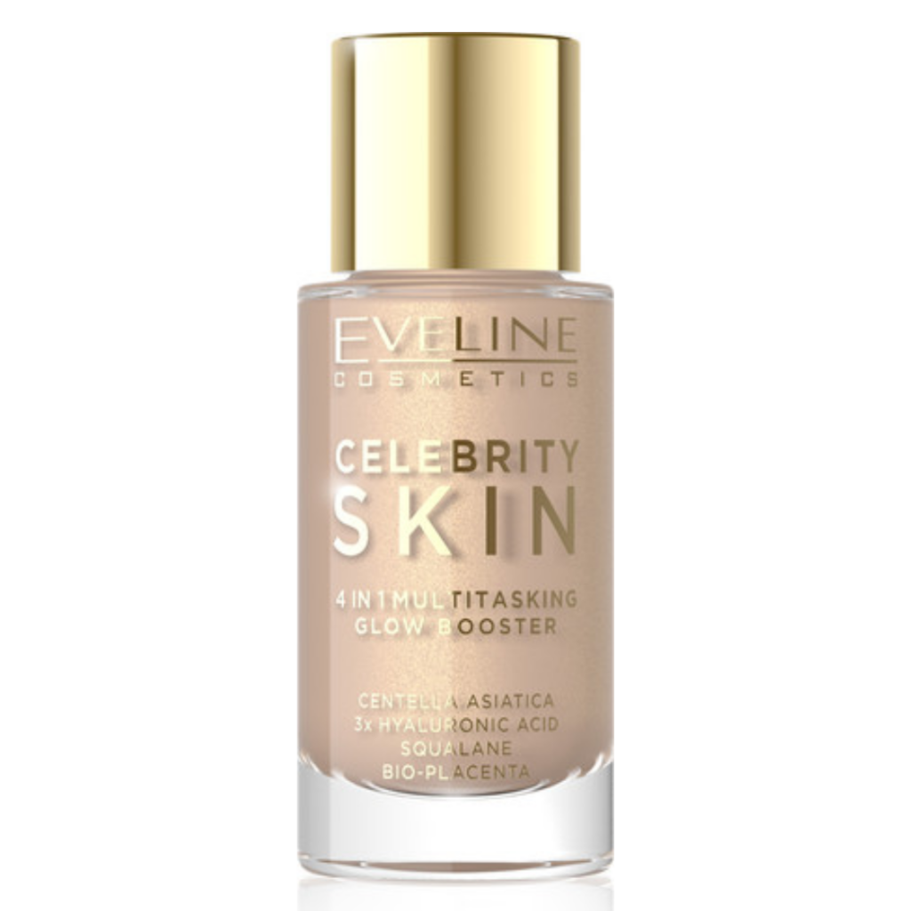 Eveline Cosmetics Celebrity Skin 4 in 1 Multitasking Glow Booster in shade 02N with gold cap and warm beige luminous formula.