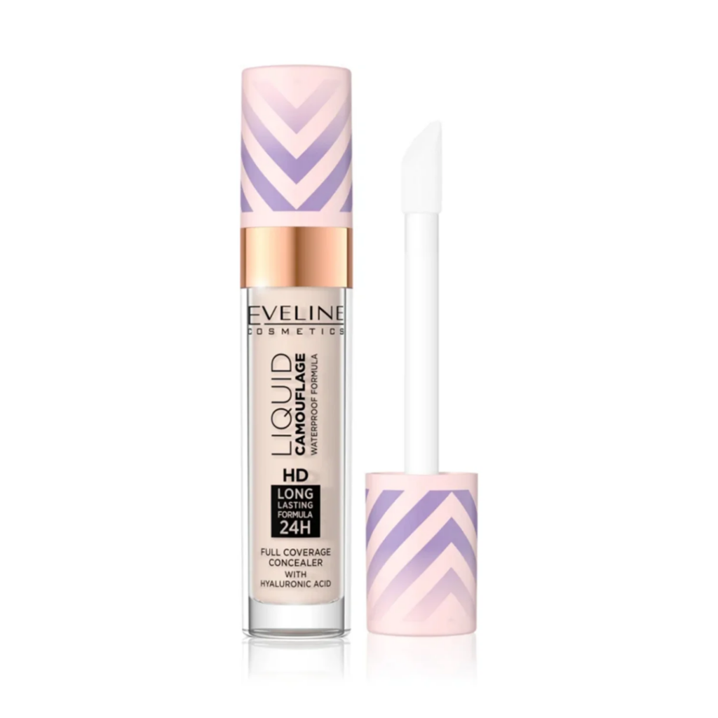Eveline Cosmetics Liquid Camouflage HD Concealer in shade 01 with applicator wand and pink patterned cap.