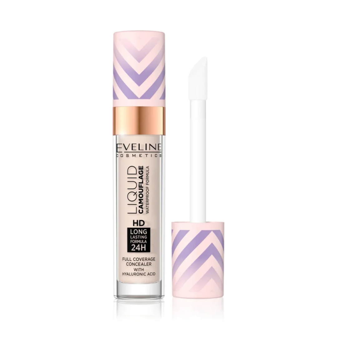 Eveline Cosmetics Liquid Camouflage HD Concealer in shade 01 with applicator wand and pink patterned cap.