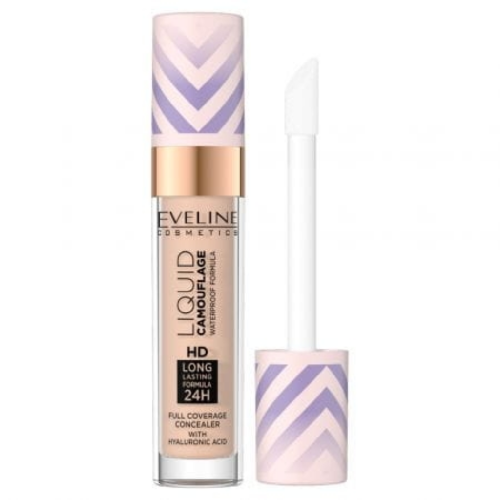 Eveline Cosmetics Liquid Camouflage HD Concealer in shade 2.5 with applicator wand and pink purple patterned cap.