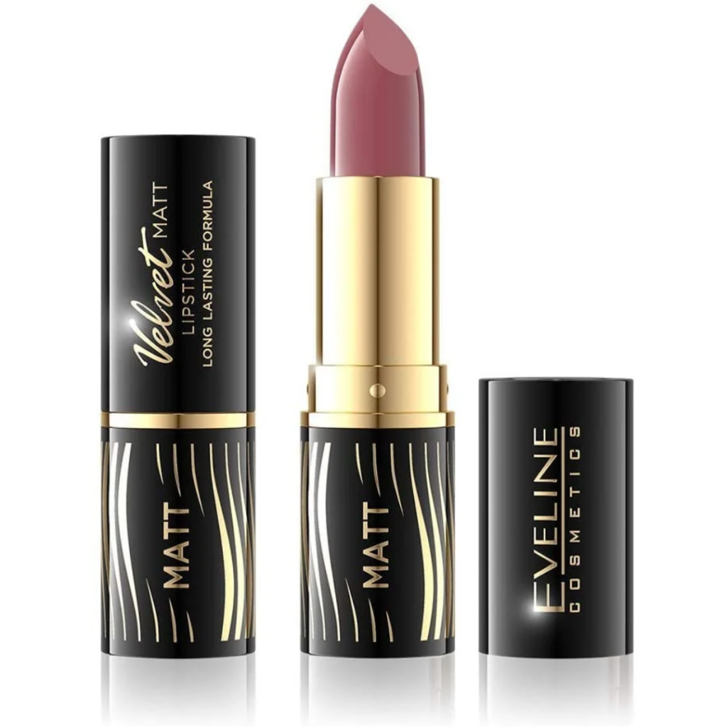 Eveline Cosmetics Velvet Matt lipstick shade 501 in black and gold packaging with mauve pink lipstick bullet