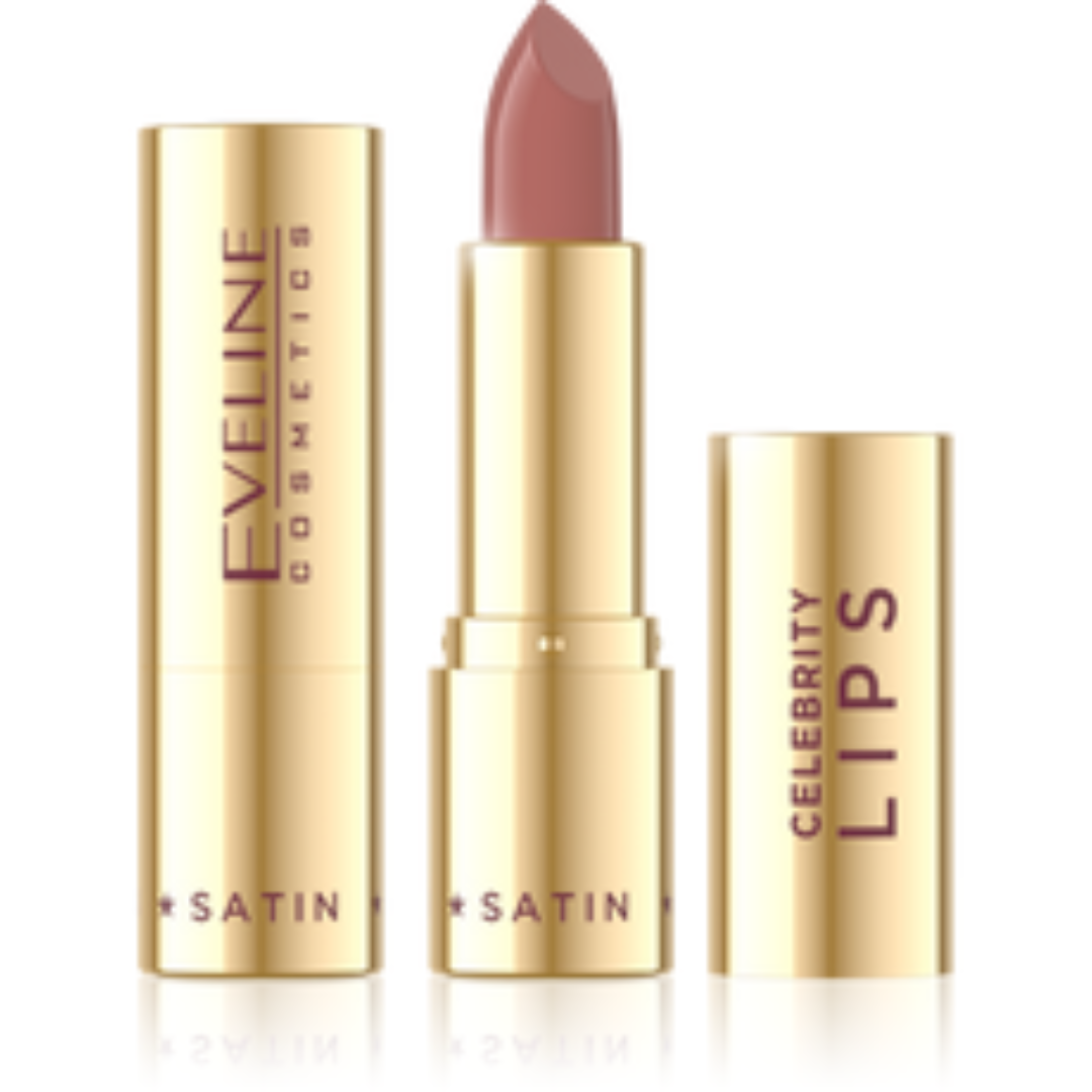 Eveline Cosmetics Celebrity Lips Satin lipstick shade 400 in gold packaging with dusty rose lipstick bullet
