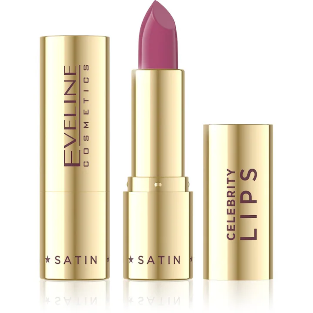 Eveline Cosmetics Celebrity Lips Satin lipstick shade 429 in gold packaging with rose pink lipstick bullet
