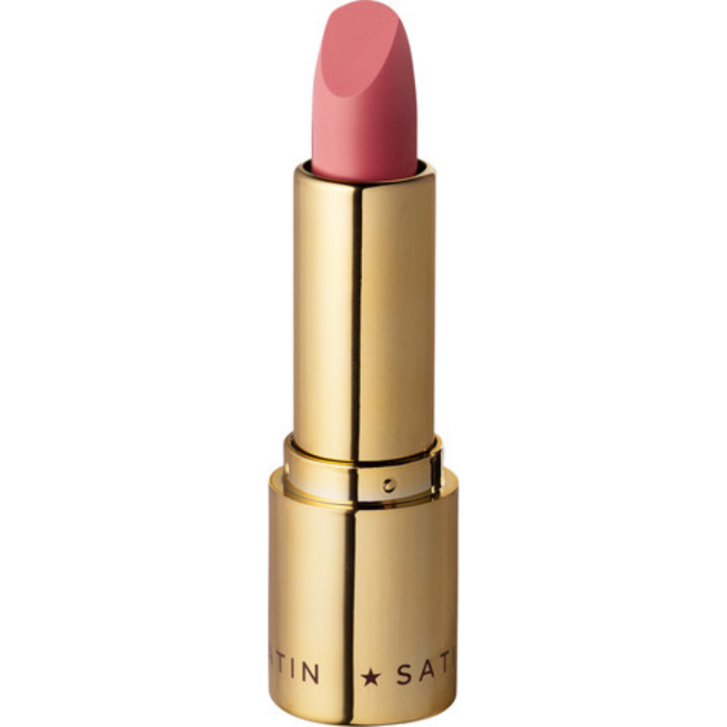 Eveline Cosmetics Celebrity Lips Satin lipstick shade 507 in gold packaging with soft rosy pink lipstick bullet