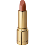 Eveline Cosmetics Celebrity Lips Satin lipstick shade 515 in gold packaging with warm brown nude lipstick bullet