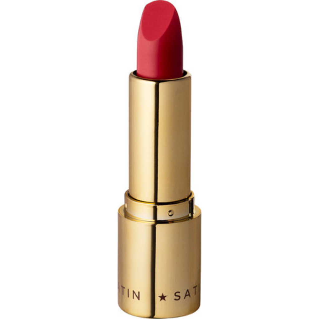 Eveline Cosmetics Celebrity Lips Satin lipstick shade 517 in gold packaging with classic red lipstick bullet