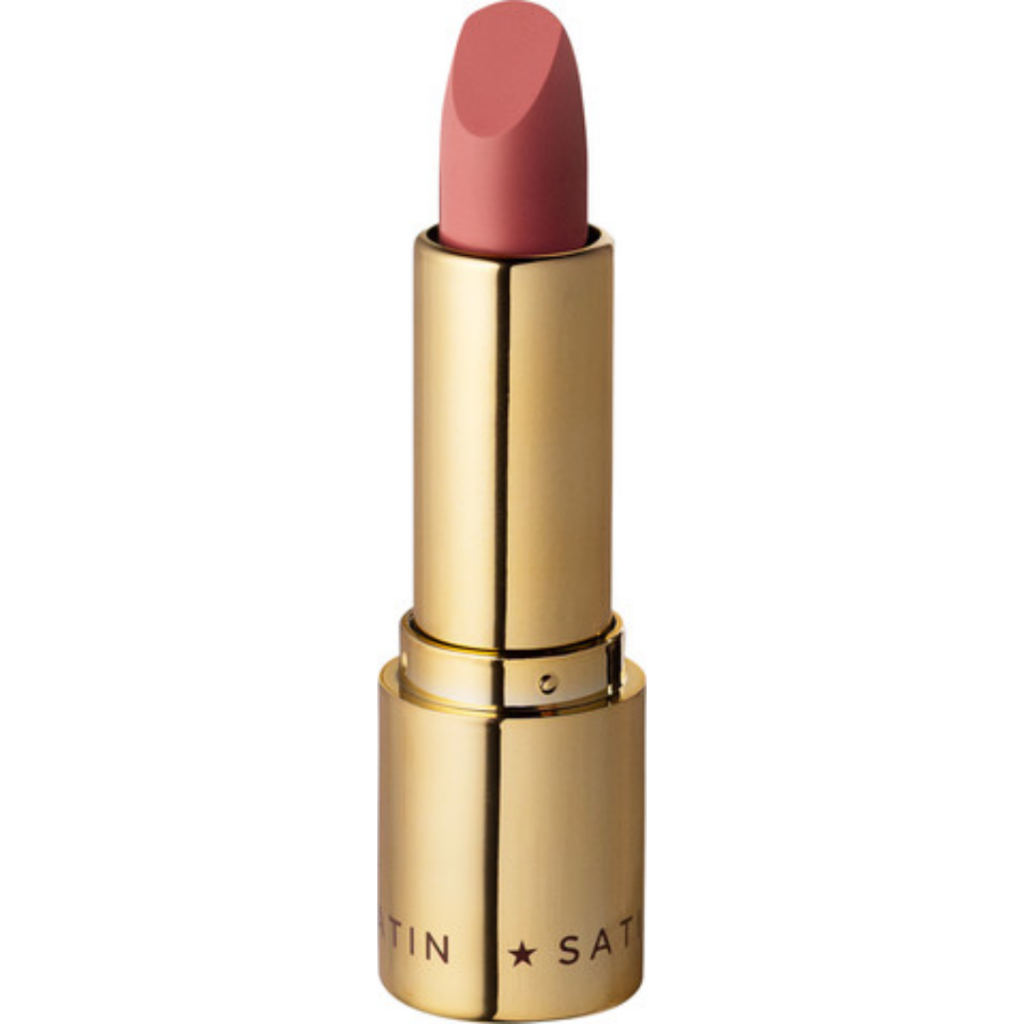 Eveline Cosmetics Celebrity Lips Satin lipstick shade 601 in gold packaging with rosy nude lipstick bullet