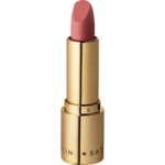 Eveline Cosmetics Celebrity Lips Satin lipstick shade 601 in gold packaging with rosy nude lipstick bullet