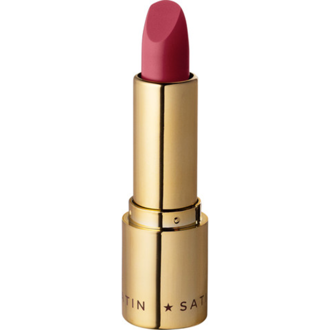 Eveline Cosmetics Celebrity Lips Satin lipstick shade 602 in gold packaging with rose berry lipstick bullet