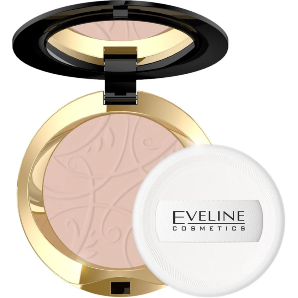 Eveline Cosmetics Celebrities Beauty Powder shade 22 in open gold compact with mirror and white powder puff