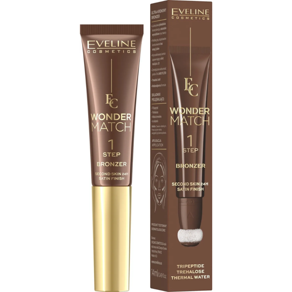 Eveline Cosmetics Wonder Match 1 Step Bronzer shade 02 in brown tube with gold cap and matching box