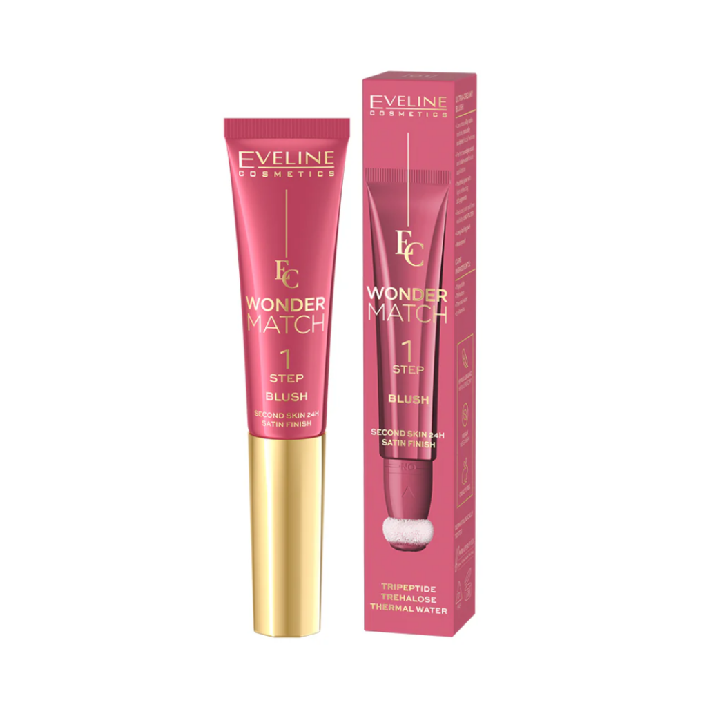 Eveline Cosmetics Wonder Match 1 Step Blush shade 01 in pink tube with gold cap and matching box