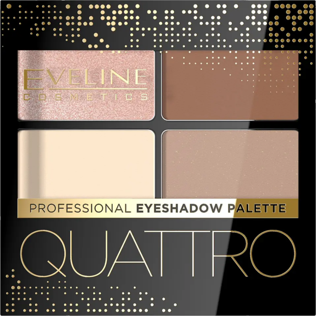 Eveline Cosmetics Quattro Professional Eyeshadow Palette shade 05 with four neutral beige brown and pink shades in black compact