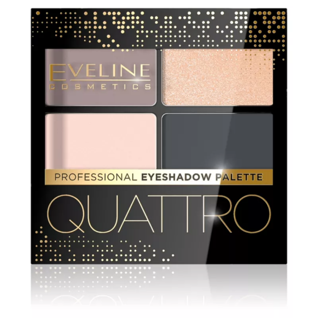 Eveline Cosmetics Quattro Professional Eyeshadow Palette shade 02 with pink taupe champagne shimmer and charcoal shades in black compact
