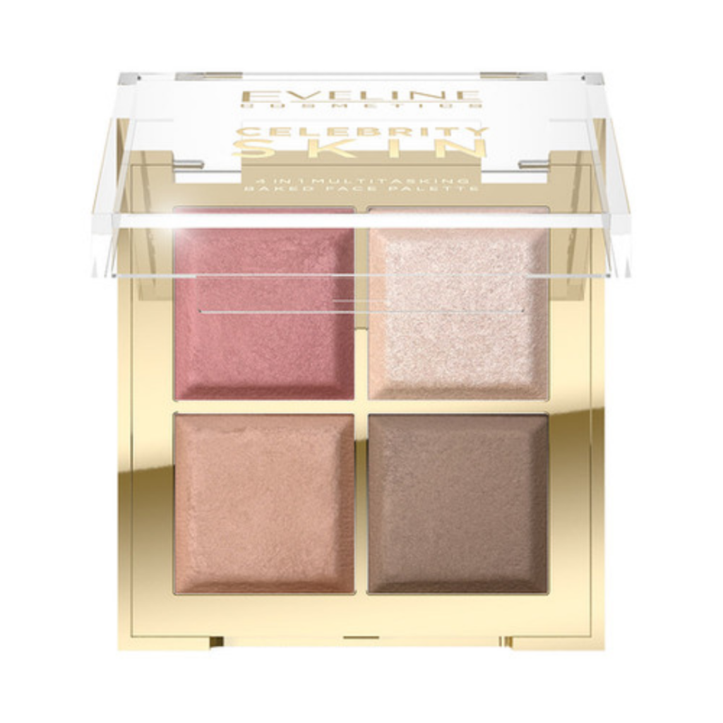 Eveline Cosmetics Celebrity Skin face palette with four baked shades in gold compact and clear lid