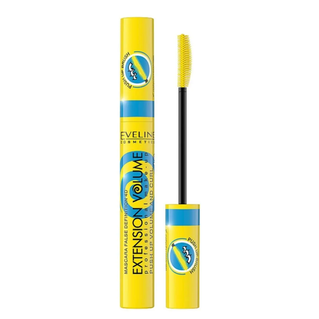 Eveline Cosmetics Extension Volume mascara in yellow and blue packaging with Push Up Brush applicator
