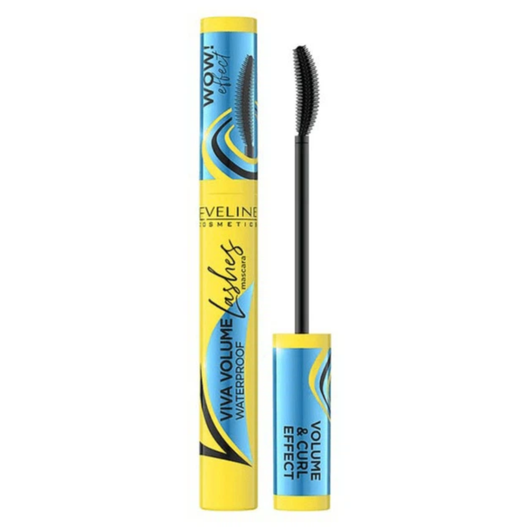 Eveline Cosmetics Viva Volume Waterproof Mascara in blue and yellow packaging with curved mascara brush applicator