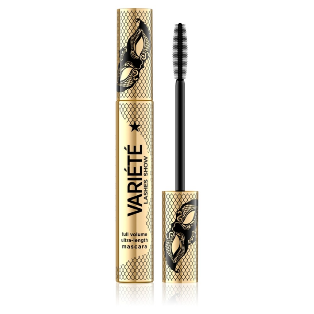 Eveline Cosmetics Varieté Lashes Show Full Volume Ultra-Length Mascara in gold packaging with silicone brush applicator