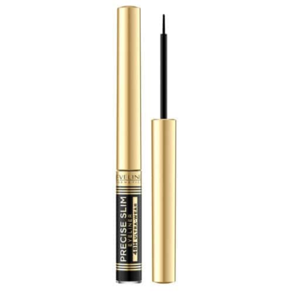 Eveline Cosmetics Precise Slim 48H Ultra-Waterproof Eyeliner in gold packaging with ultra-fine precision applicator