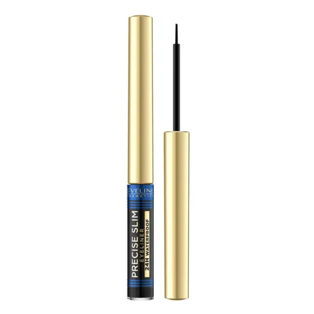 Eveline Cosmetics Precise Slim 24H Waterproof Eyeliner in gold packaging with ultra-fine precision applicator