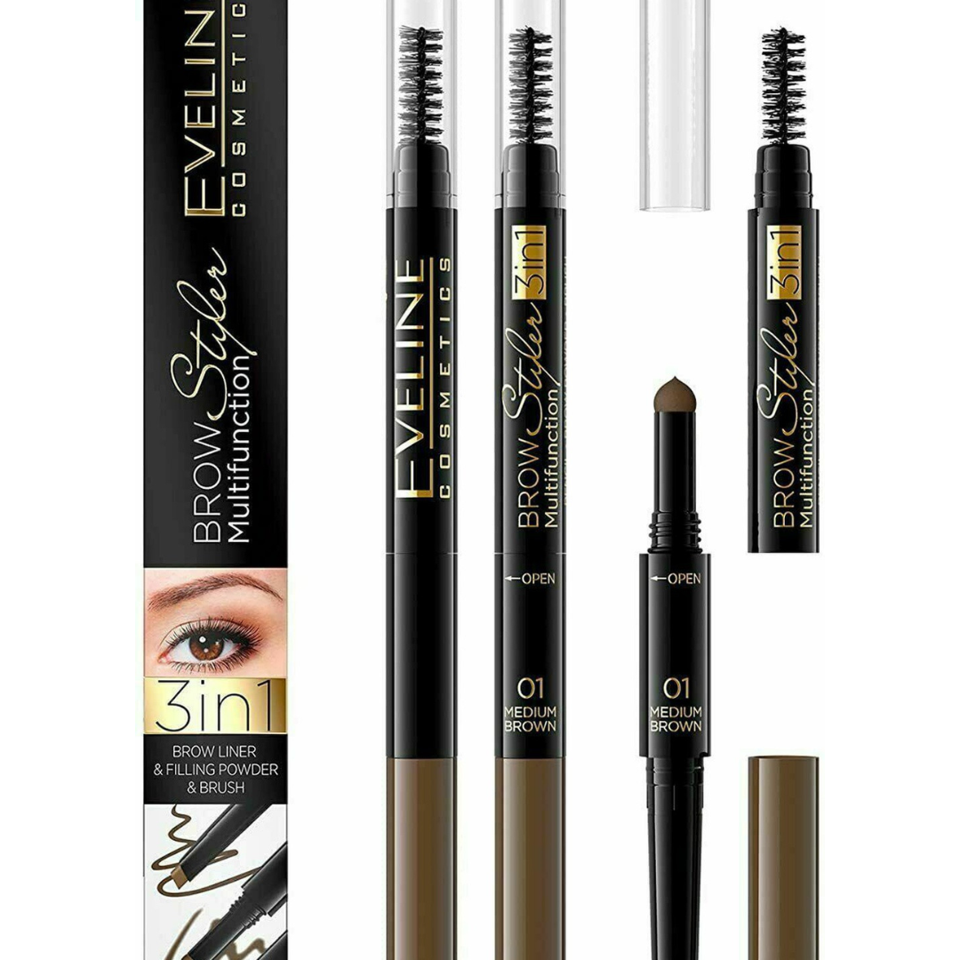 Eveline Brow Styler Multifunction 3 in 1 eyebrow pencil in Medium Brown with built-in brow brush and powder applicator.