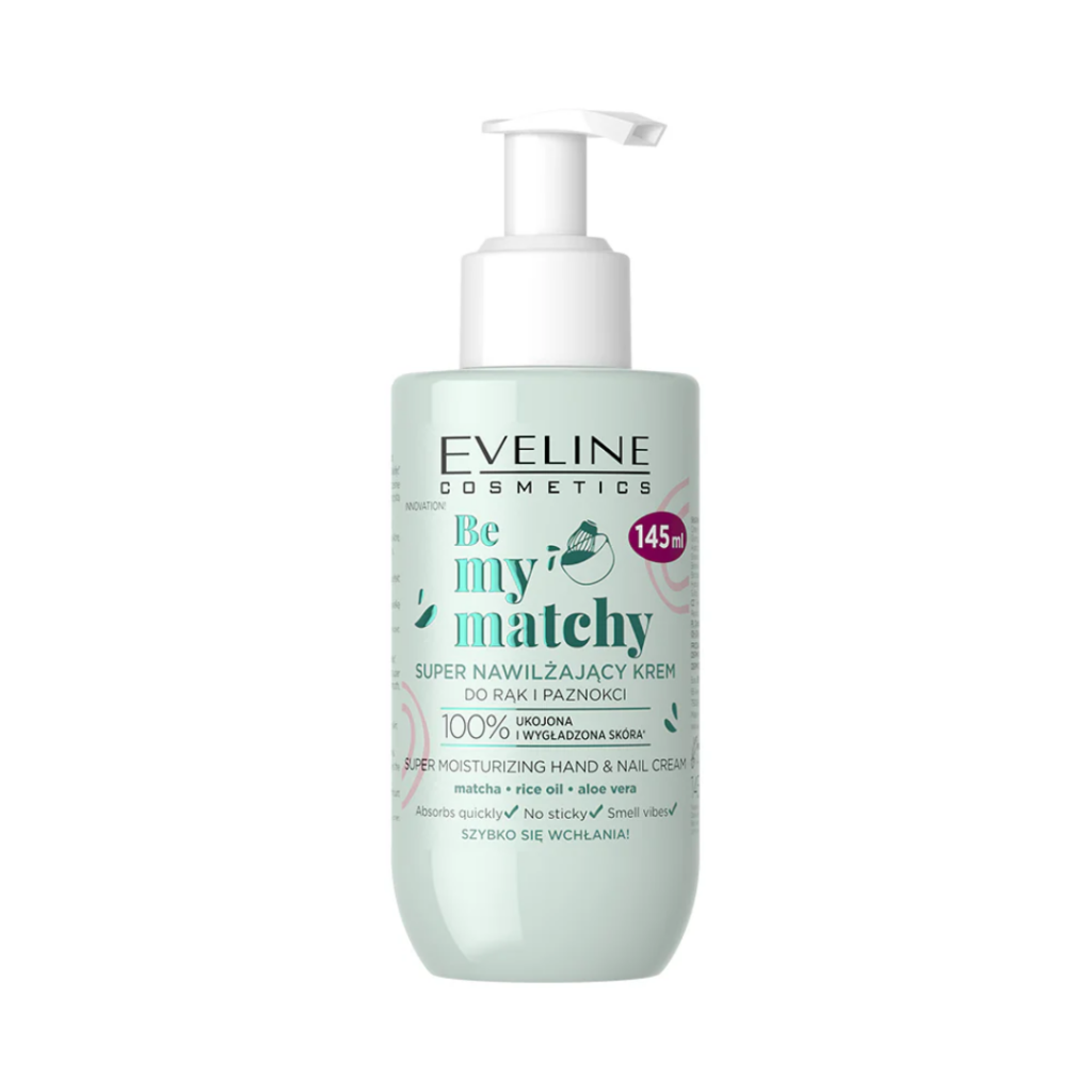 Eveline Cosmetics Be My Matchy Super Moisturizing Hand and Nail Cream 145ml in a mint-green pump bottle with matcha, rice oil, and aloe vera.