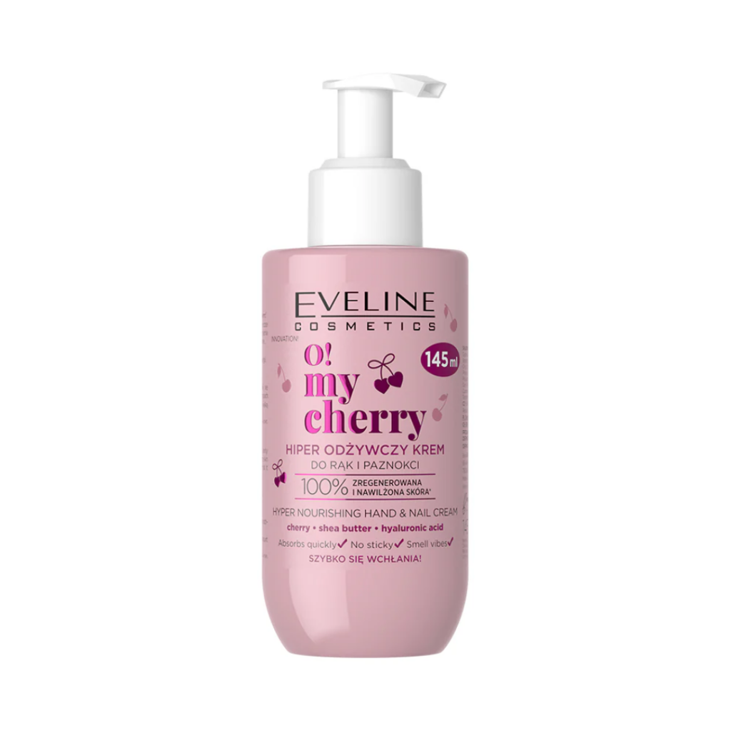 Eveline Cosmetics O! My Cherry Hyper Nourishing Hand and Nail Cream 145ml in a pink pump bottle with cherry extract, shea butter, and hyaluronic acid.