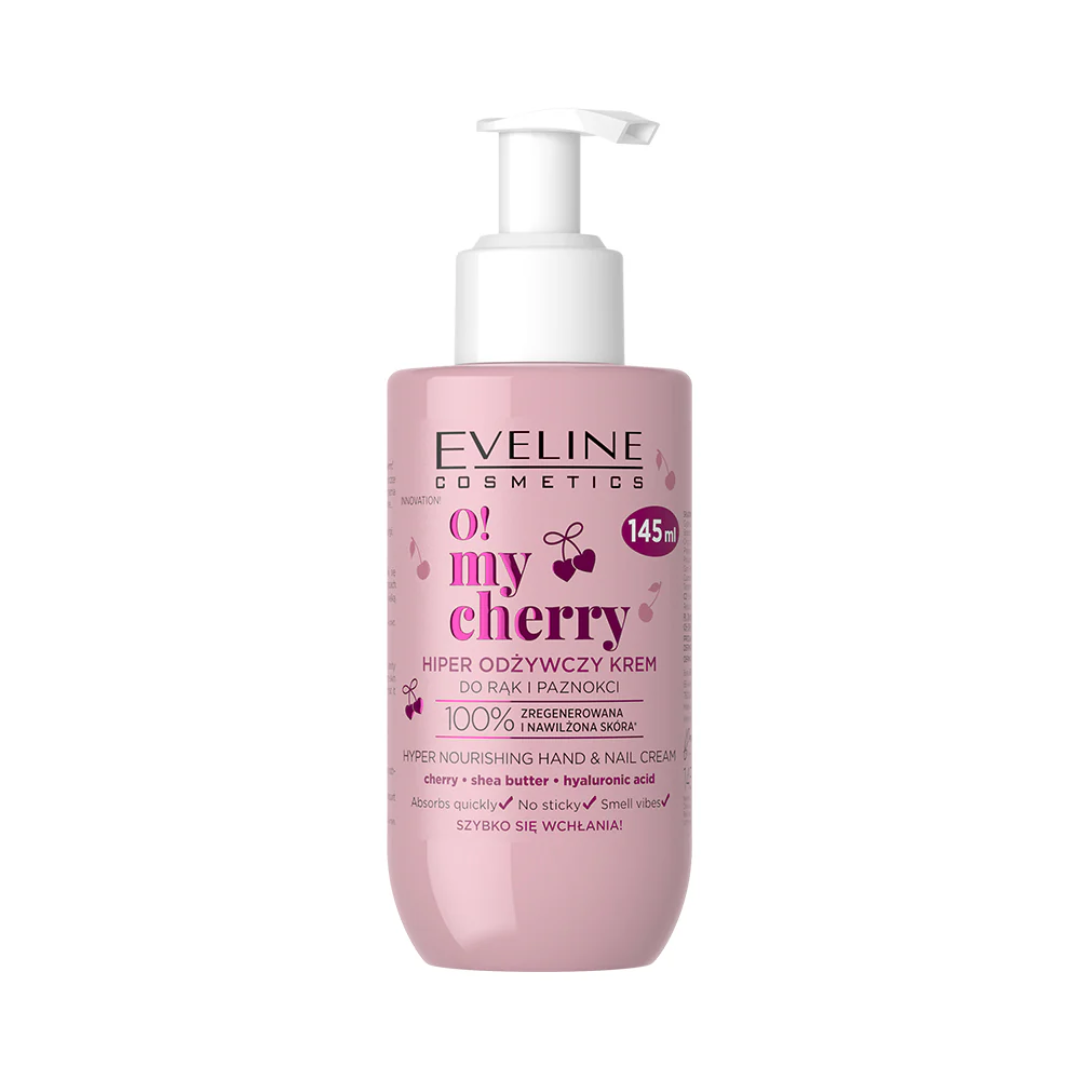 Eveline Cosmetics O! My Cherry Hyper Nourishing Hand and Nail Cream 145ml in a pink pump bottle with cherry extract, shea butter, and hyaluronic acid.