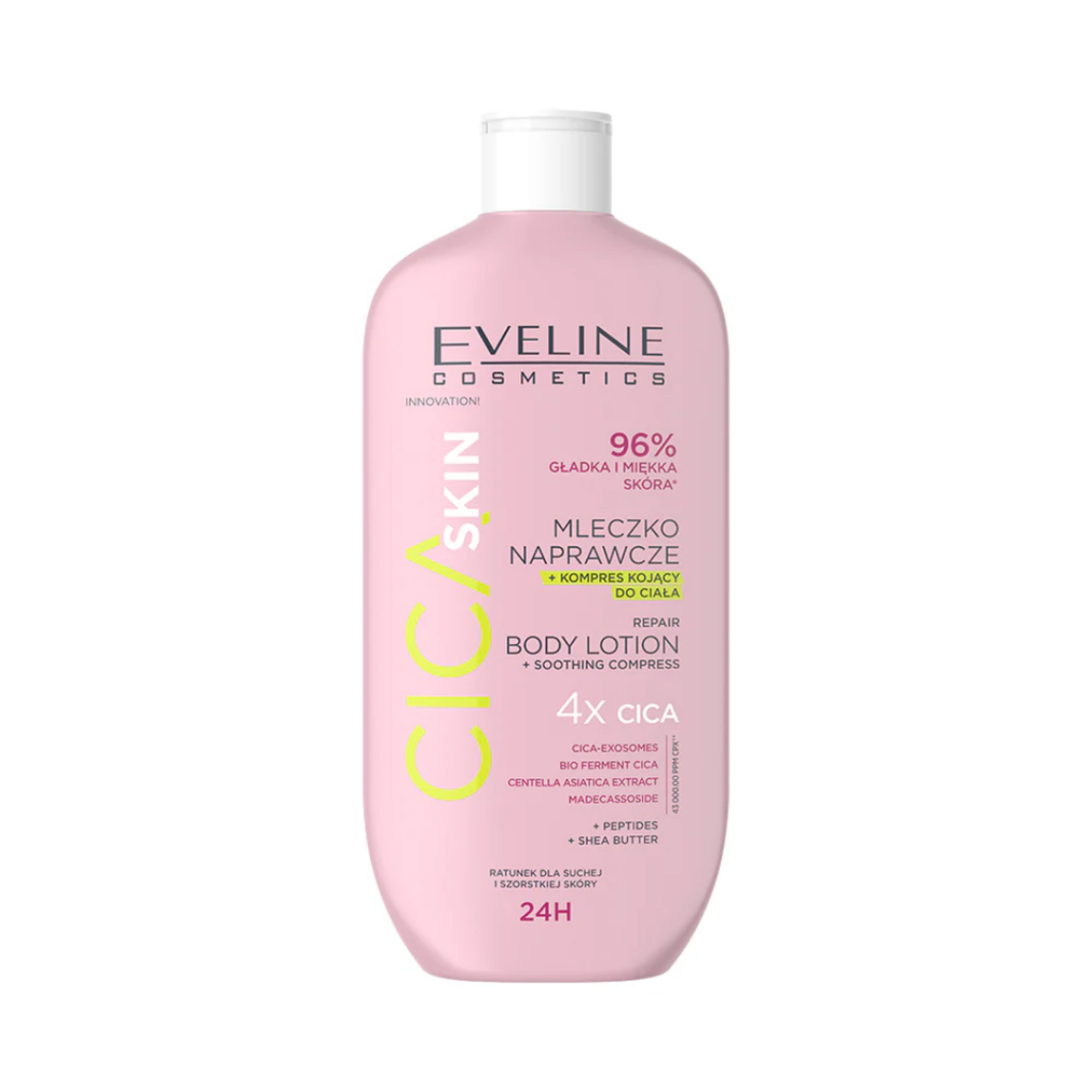 Eveline Cosmetics Cica Skin Repair Body Lotion with 4x CICA complex, peptides, and shea butter in a pink 400ml bottle.