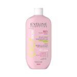 Eveline Cosmetics Cica Skin Repair Body Lotion with 4x CICA complex, peptides, and shea butter in a pink 400ml bottle.