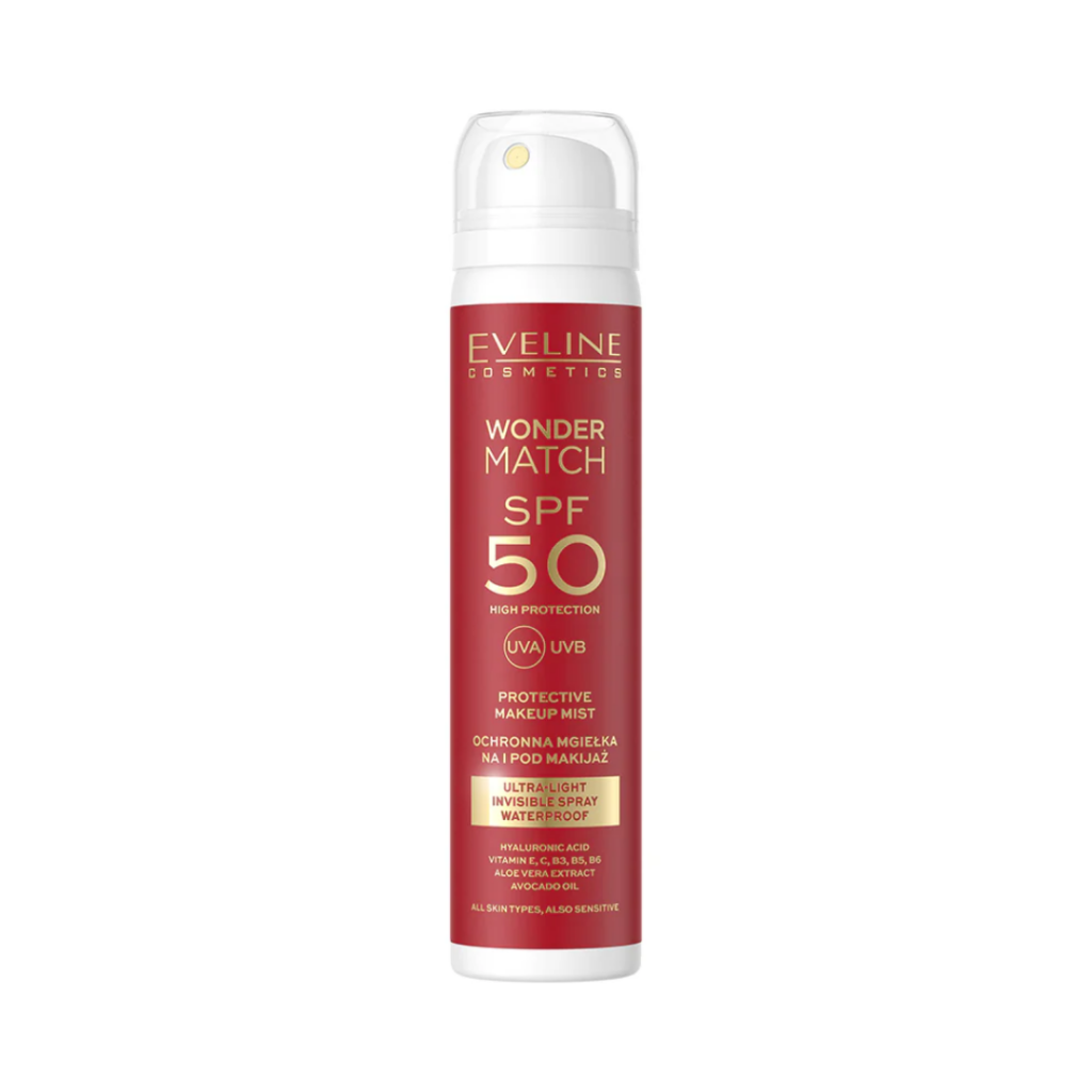 Eveline Cosmetics Wonder Match Protective Makeup Mist SPF 50 UVA UVB invisible waterproof facial sunscreen spray in a red aerosol bottle.